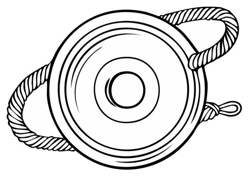Simple line drawing of a yo yo with rope viewed from above isolated on a white background
