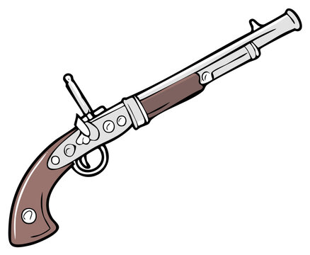 Cartoon illustration of a vintage flintlock pistol with a wooden stock and metal barrel