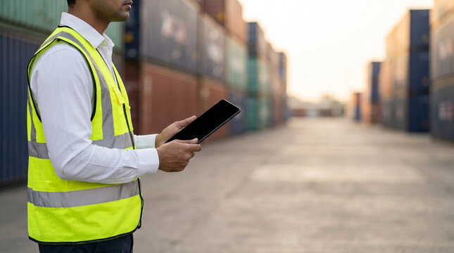 indian logistics engineer inspecting shipping container terminal with tablet for global supply chain and freight operations concept