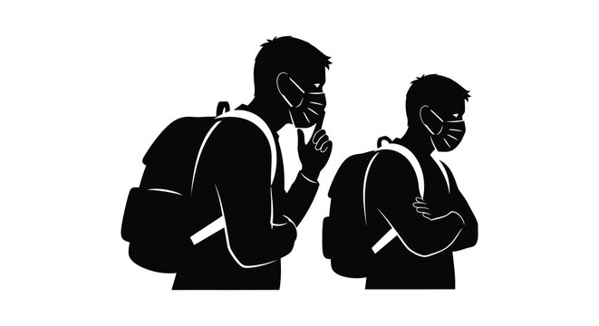 Two men wearing backpacks and face masks in profile silhouette high quality professional detailed modern elegant stylish clean crisp vibrant colorful