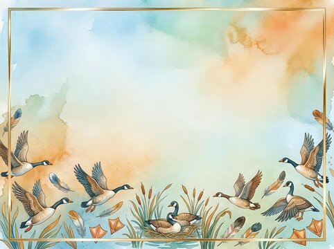 Watercolor autumn wetland scene with migrating geese flying over marsh grasses and reeds, warm orange and blue sky background for seasonal nature designs.