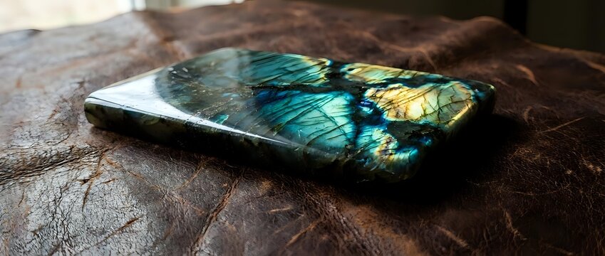 Polished labradorite gemstone slab displaying vibrant blue and green flash colors on rustic wooden surface for jewelry making and crystal healing practices.