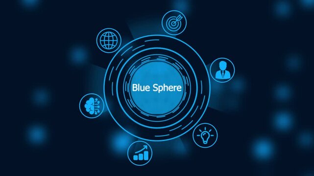 Digital blue sphere interface with rotating business for global technology and corporate strategy presentations