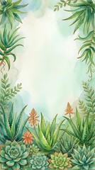 Fototapeta premium Watercolor tropical frame with succulents, aloe plants and exotic flowers creating natural border on soft green background for botanical designs.
