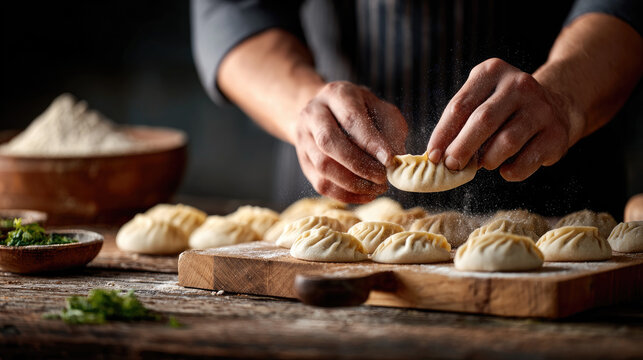 Hands meticulously folding and pleating handmade dumplings, preparing fresh gyoza for a cozy family cooking session, creating traditional Asian cuisine with care