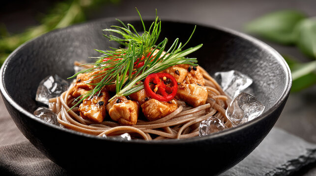 Cold soba noodles with chicken in a black bowl, presenting a refreshing and savory Asian culinary experience for hot weather dining, featuring fresh herbs and chili