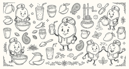 Fototapeta premium Vintage 1930s Rubber Hose Style Mango Lassi Mascot and Indian Yogurt Beverage Doodle Set