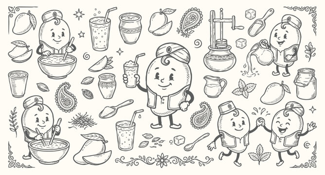 Vintage 1930s Rubber Hose Style Mango Lassi Mascot and Indian Yogurt Beverage Doodle Set
