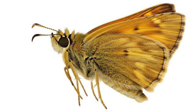 Skipper butterfly faces the opposite direction while showcasing its orange and brown natural wing pigmentation for scientific observation.