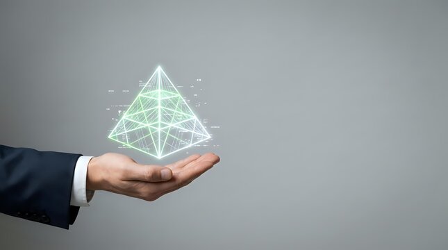 Businessman in suit holding glowing green geometric pyramid hologram, symbolizing innovation, technology, and futuristic business strategy concepts.