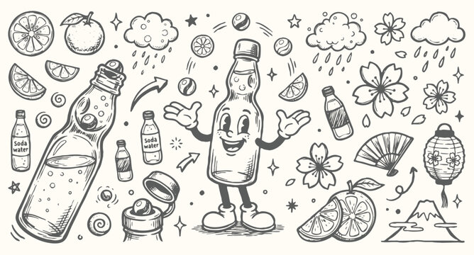 Japanese Ramune and Soda. Vintage 1930s Rubber Hose Style Ramune Soda Mascot and Japanese Summer Festival Doodle Set