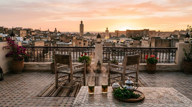 A rooftop terrace in Meknes medina at sunrise with steaming tea glasses, empty chairs
