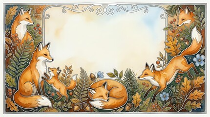 Fototapeta premium Decorative fox border frame with autumn foliage and ornate swirls creates elegant woodland design for invitations, cards and seasonal projects.
