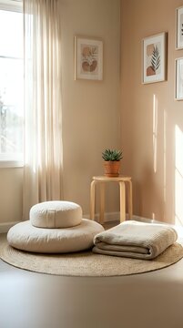 Serene meditation corner with zafu cushion, folded blanket, jute rug, potted succulent, and botanical art in warm beige sunlit room.