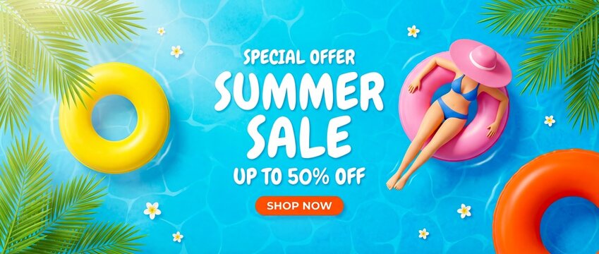 Special summer sale advertisement with discount inflatable rings palm leaves