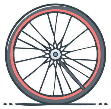 Cartoon bicycle wheel with red rim and flat tire