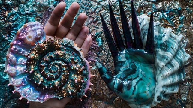 Hand displays two unique seashells, one spiral with gold details and the other shaped like a hand with spikes, resting on a shimmering background