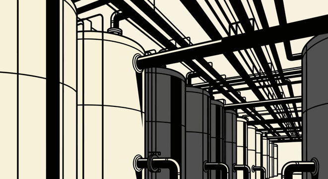Industrial facility pipeline infrastructure technical illustration with pipes and tanks