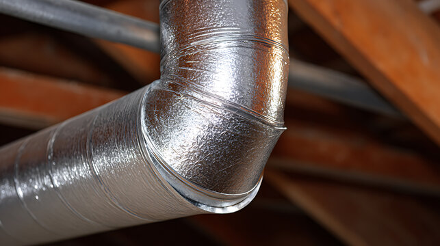 Insulated air duct system with shiny metal foil against a blurred background of wooden beams in an attic or basement area