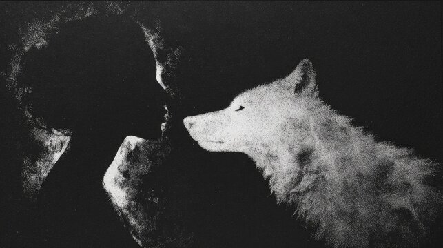 Silhouette of a female figure and a white wolf in profile, creating a striking contrast against a dark background with soft textures
