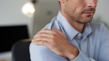 Fototapeta premium Adult man experience shoulder pain, hand rub an injured shoulder, muscle discomfort, joint injury, stress and physical discomfort at work