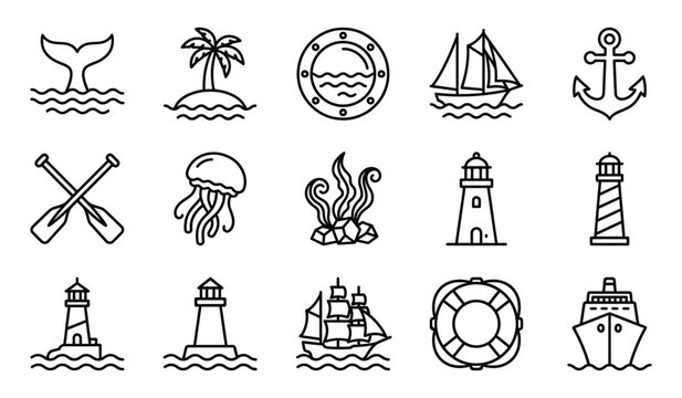 Nautical and marine icon set with palm tree whale tail line art lighthouse jellyfish lifebuoy nautical adventure