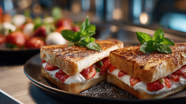 Strawberry fruit sando dessert showcasing fluffy cream and fresh red strawberries between golden toasted bread, garnished with mint in a bright cafe setting