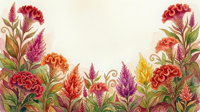 Watercolor floral border with vibrant celosia and carnation blooms in red, orange, purple on a light background with copy space.