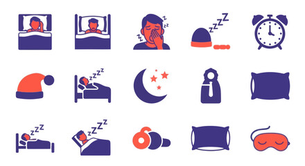 Fototapeta premium Sleep Icons: Bed, Pillow, Moon, Alarm Clock, Eye Mask, Zzz