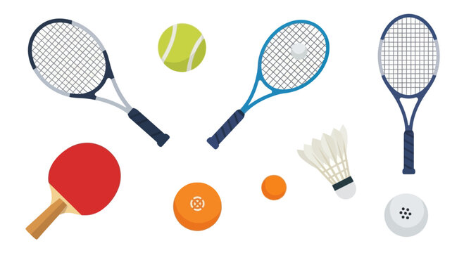 Tennis, Badminton, Table Tennis Rackets and Balls Sports Equipment Icons