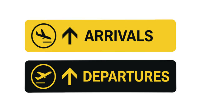 Airport signs showing directions for arrivals and departures against a clean and simple white background