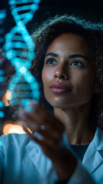 Biomedical researcher examining holographic DNA interface in advanced biotechnology laboratory