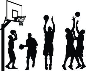 Basketball Player Silhouettes with Shooting, Dribbling, and Defensive Action Poses for Sports Competition and Athletic Training Design © ShantanaRani