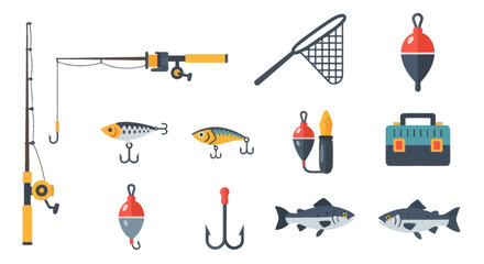 Fishing Rod, Lures, Net, Floats, Tackle Box and Fish Icons © INFAYUFA
