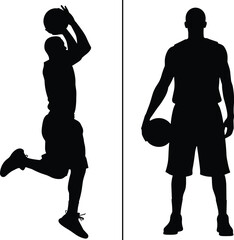 Black silhouettes of a basketball player in a jumping jump shot pose and a standing pose isolated on white background © ShantanaRani