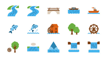 River, Boat, Waterfall, Fish, and Mill Icons for Water and Nature Themes © INFAYUFA