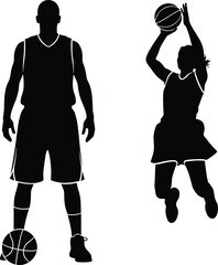 Black silhouettes of a male basketball player standing with a ball and a female player taking a jump shot isolated on white © ShantanaRani