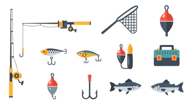 Fishing Rod, Lures, Net, Floats, Tackle Box and Fish Icons