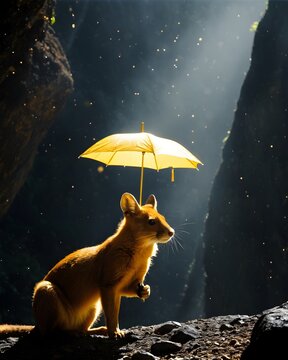 A yellow dhole  rat genetic hybrid experiment ai-generated, fictional species in a asteroid scatter under a yellow umbrella 