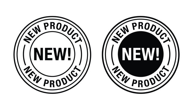 Two circular badge designs featuring text that announces a new product release for marketing purposes
