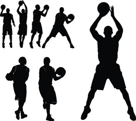 Collection of black basketball player silhouettes in various action poses including jumping shooting and dribbling isolated on a white background for design © ShantanaRani