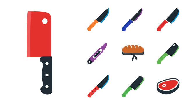 Kitchen Knives, Bread, Steak, and Meat Cleaver Flat Icons