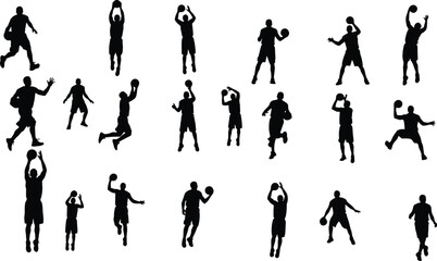 Comprehensive collection of basketball player silhouettes in various action poses including dribbling jumping shooting and dunking isolated on a white background © ShantanaRani