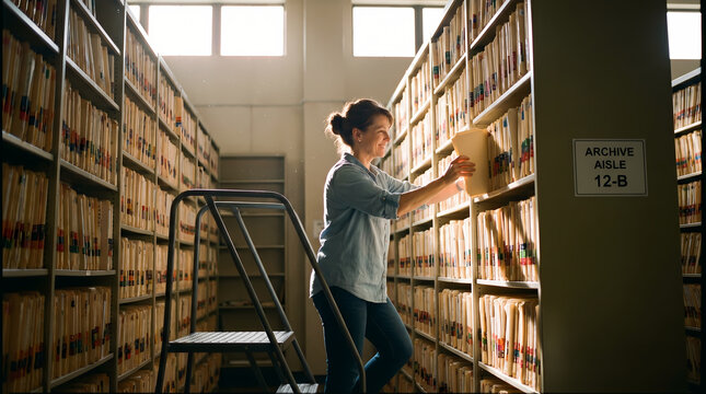 Woman Archivist Reaching For File In Tall Shelves Of Archive at Hospital