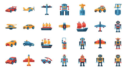 Fototapeta premium Cars, Airplanes, Robots, and Ships: Diverse Transportation and Toy Icons