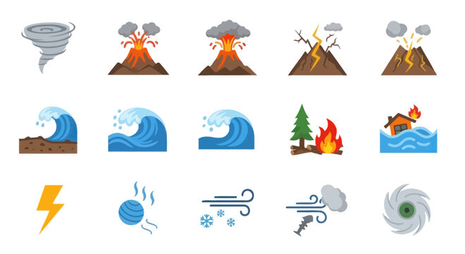 Natural Disaster Icons: Tornado, Volcano, Tsunami, Fire, Flood, and Storms