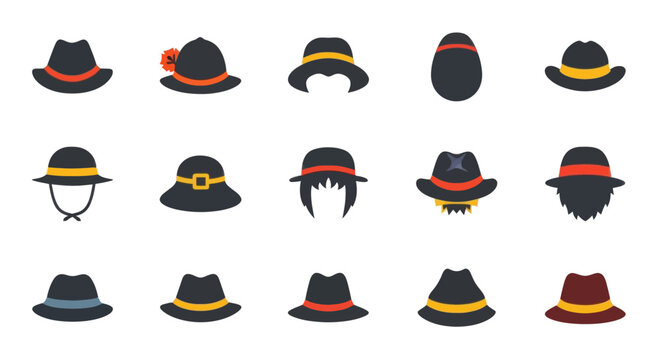 Various Hats Collection: Fedoras, Sun Hats, and Caps in Modern Flat Design