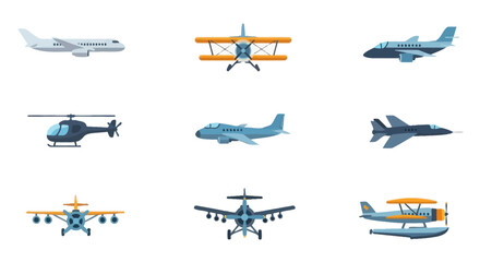 Airplane, Helicopter, Biplane, Jet, and Seaplane Aviation Icons Set © INFAYUFA