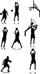 Set Of Black Silhouettes Of Professional Male Basketball Players Dribbling Shooting And Dunking Isolated On White Background For Sports Graphic Design. © ShantanaRani