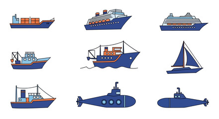 Ships, Boats, Sailboat, and Submarine Nautical Transportation Icons © INFAYUFA